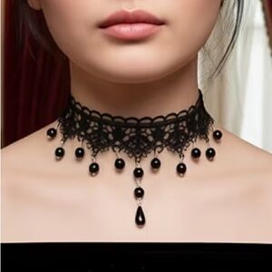 🖤 Gothic Lace Choker • Beaded Drop Pendant